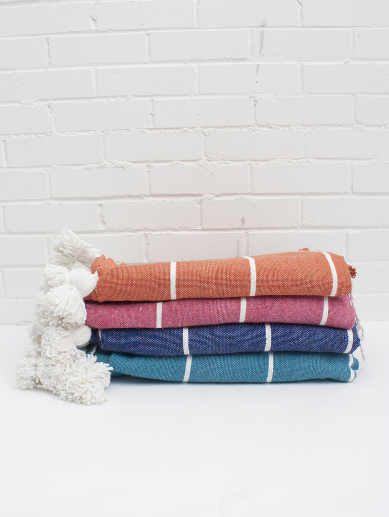 Tassel Cotton Stripe Pom Pom Blanket, Aqua | Bohemia Design