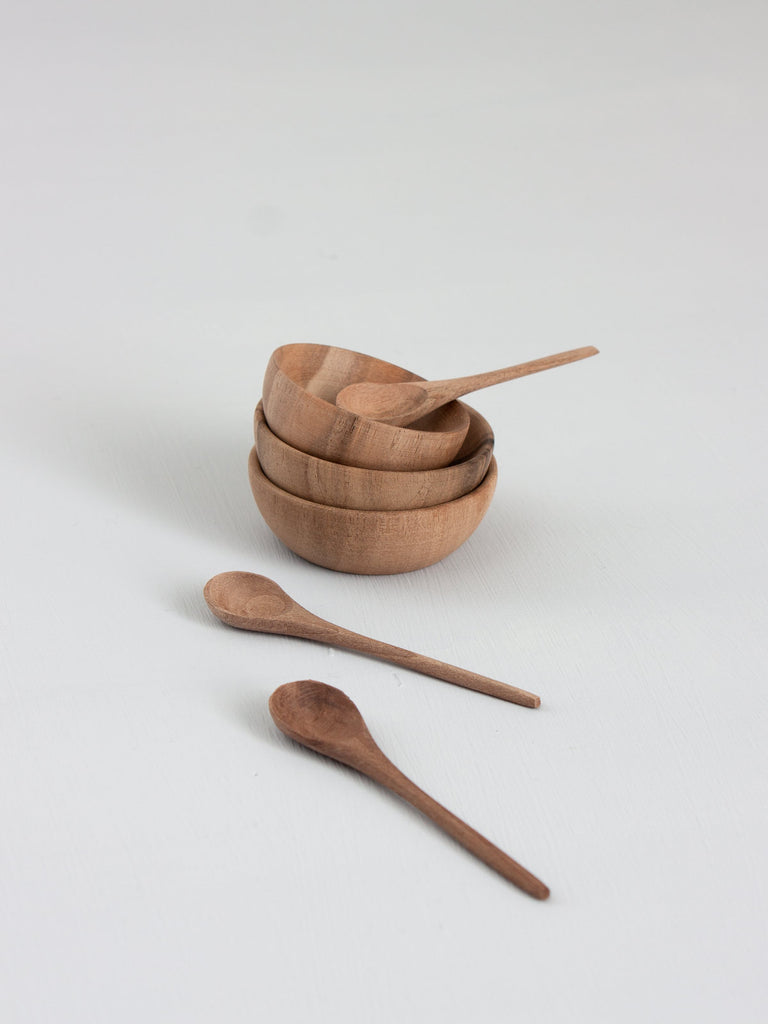 Walnut Wood Spice Bowl and Spoon - Set of 3 | Bohemia Design