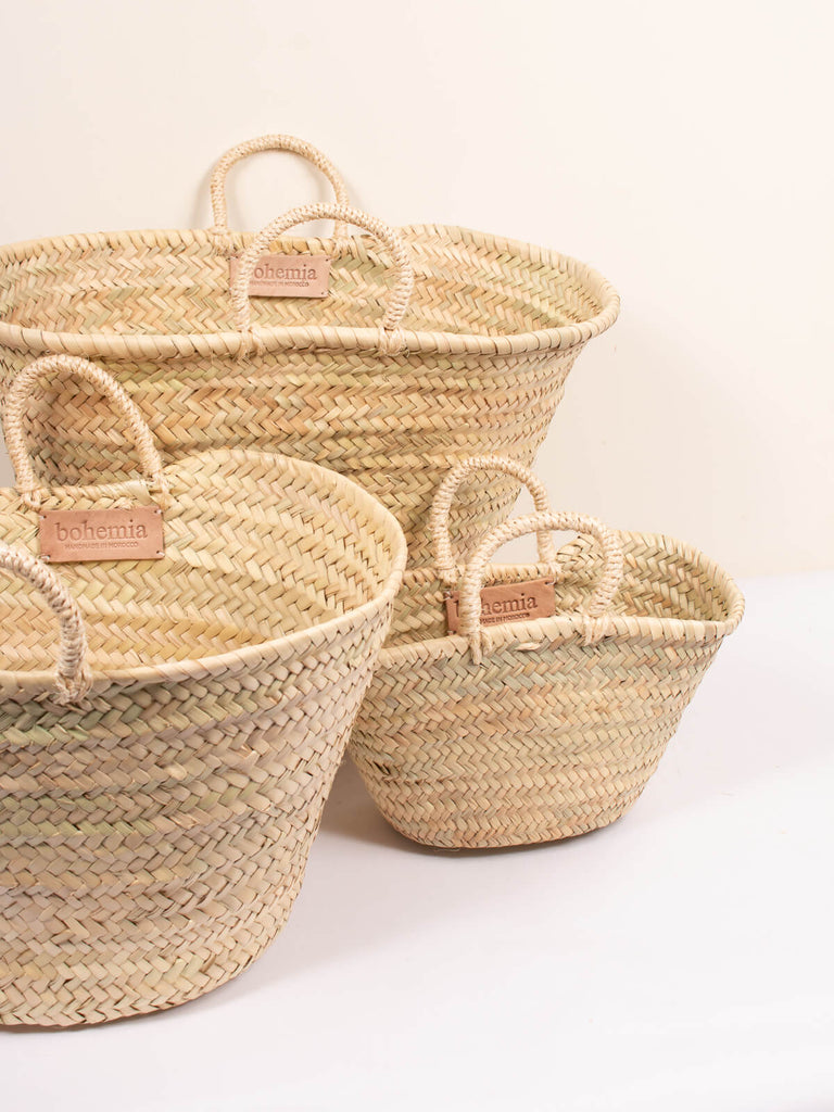 Three size options of natural handwoven Market Baskets by Bohemia Design