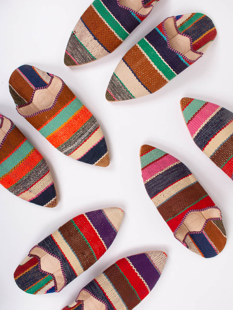 Group of Moroccan babouche pointed slippers in a vintage stripe textile pattern by Bohemia Design