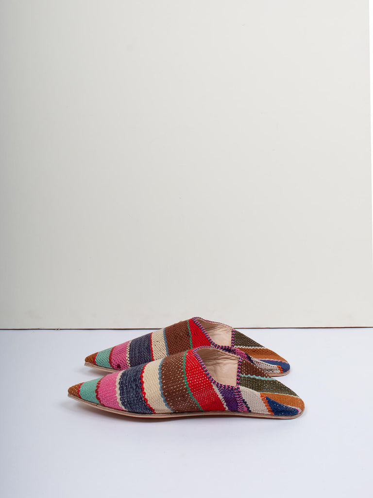 Moroccan babouche pointed slippers in a vintage stripe textile pattern by Bohemia Design