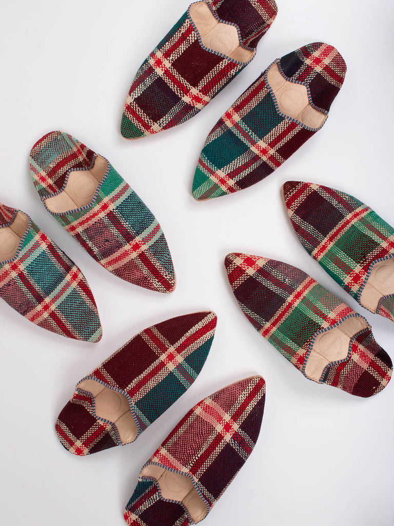 Group of Moroccan babouche boujad slippers in plum and green check pattern by Bohemia Design