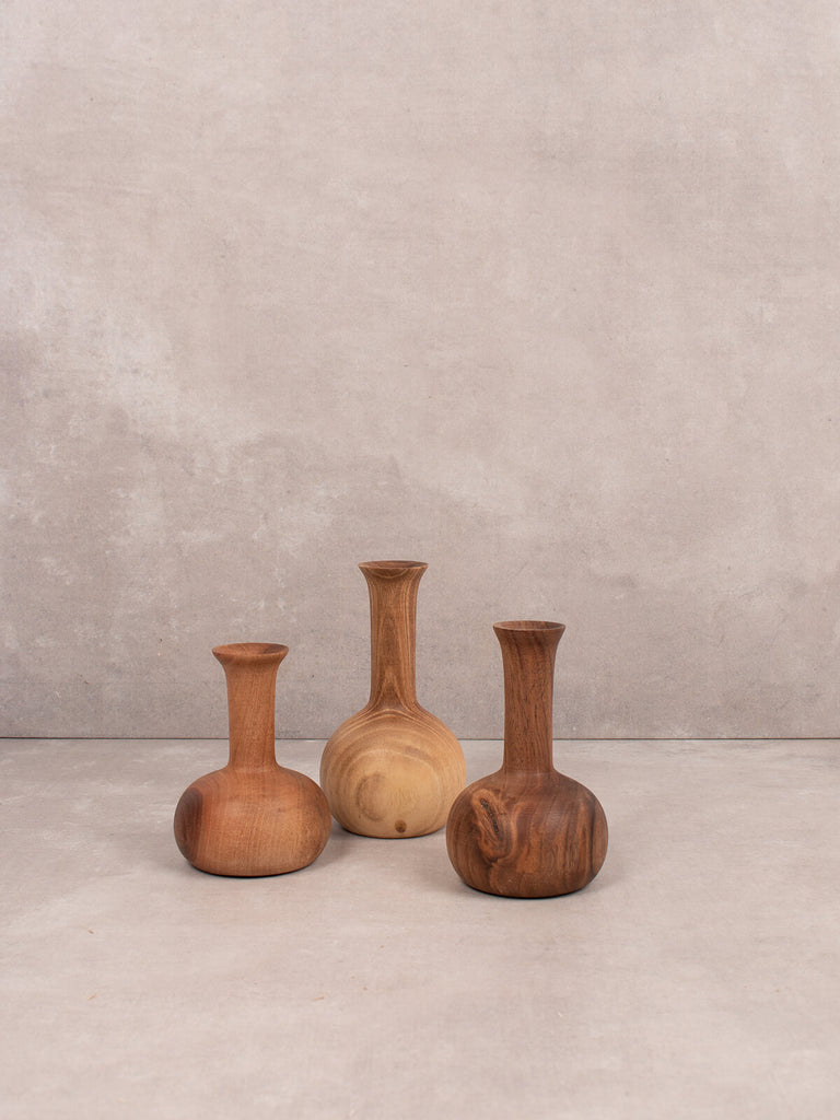 Set of three mini walnut wood vases by Bohemia Design