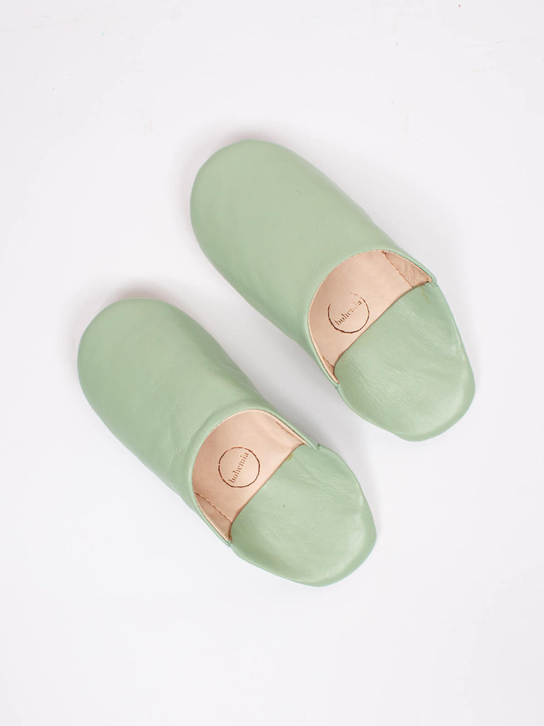 Moroccan babouche mule slippers in sage green leather by Bohemia Design