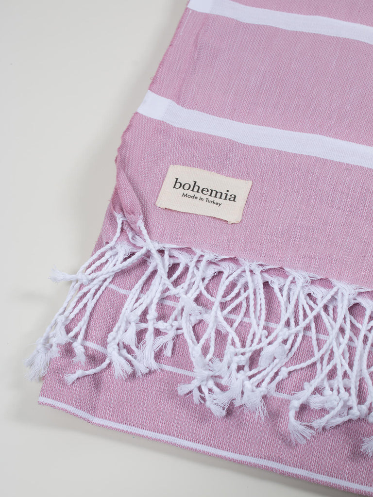 Ibiza Summer Hammam Towel in vintage pink stripe pattern by Bohemia Design