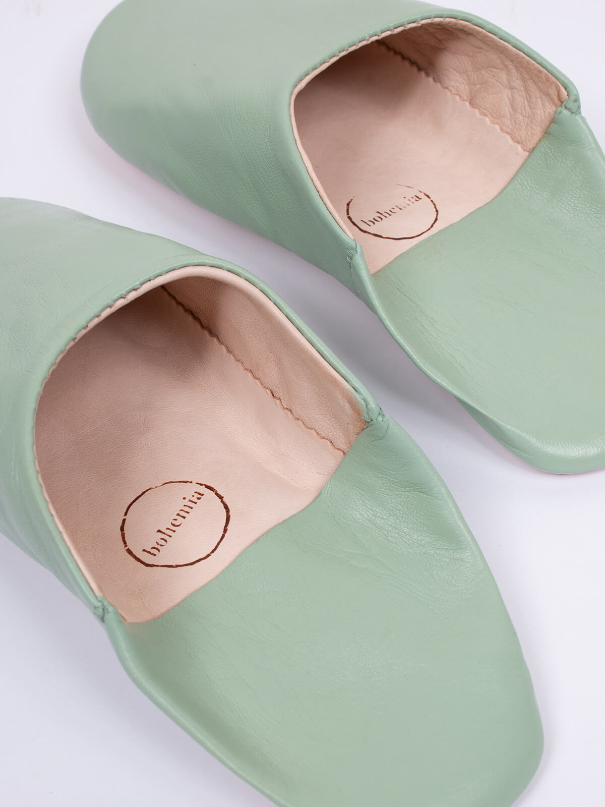 Moroccan babouche mule slippers in sage green leather by Bohemia Design