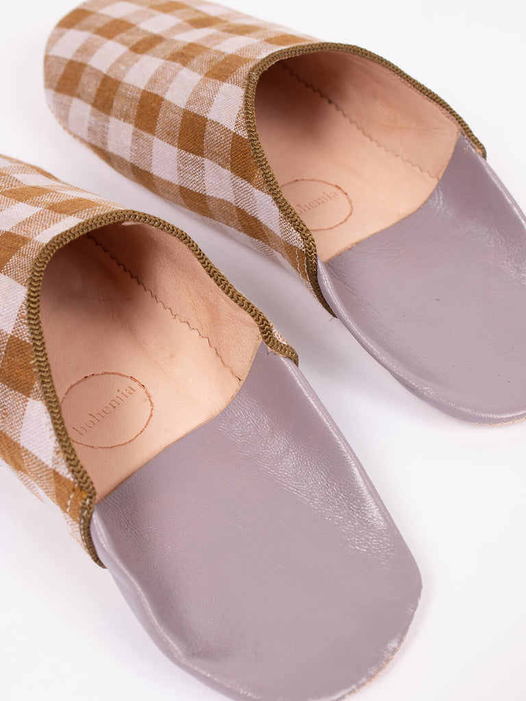Moroccan mule babouche slippers in lilac gingham pattern by Bohemia Design