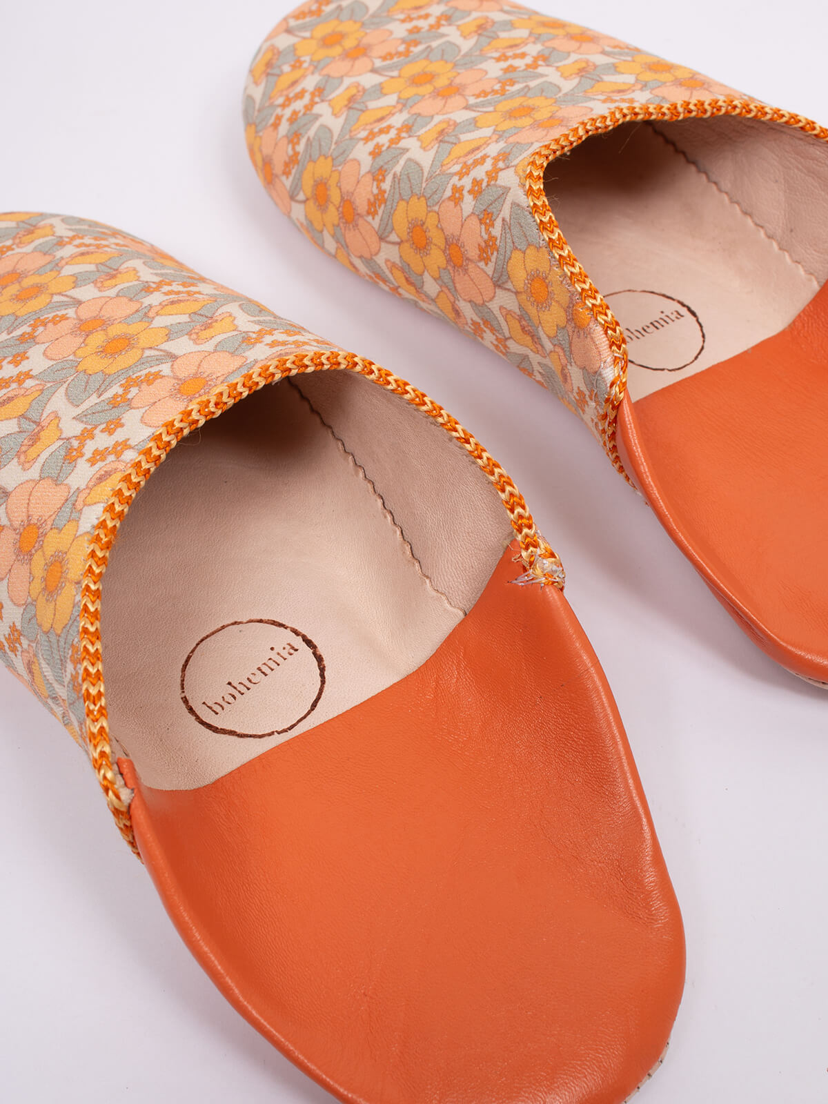 Moroccan babouche slippers in honey floral pattern by Bohemia Design