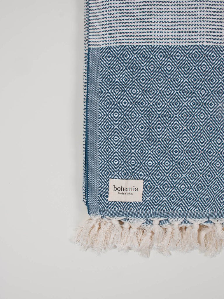 Nordic Dot Hammam Towel in indigo diamond pattern by Bohemia Design