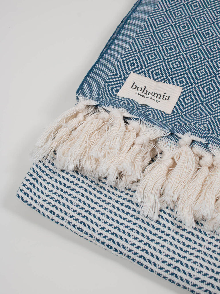 Nordic Dot Hammam Towel in indigo diamond pattern by Bohemia Design