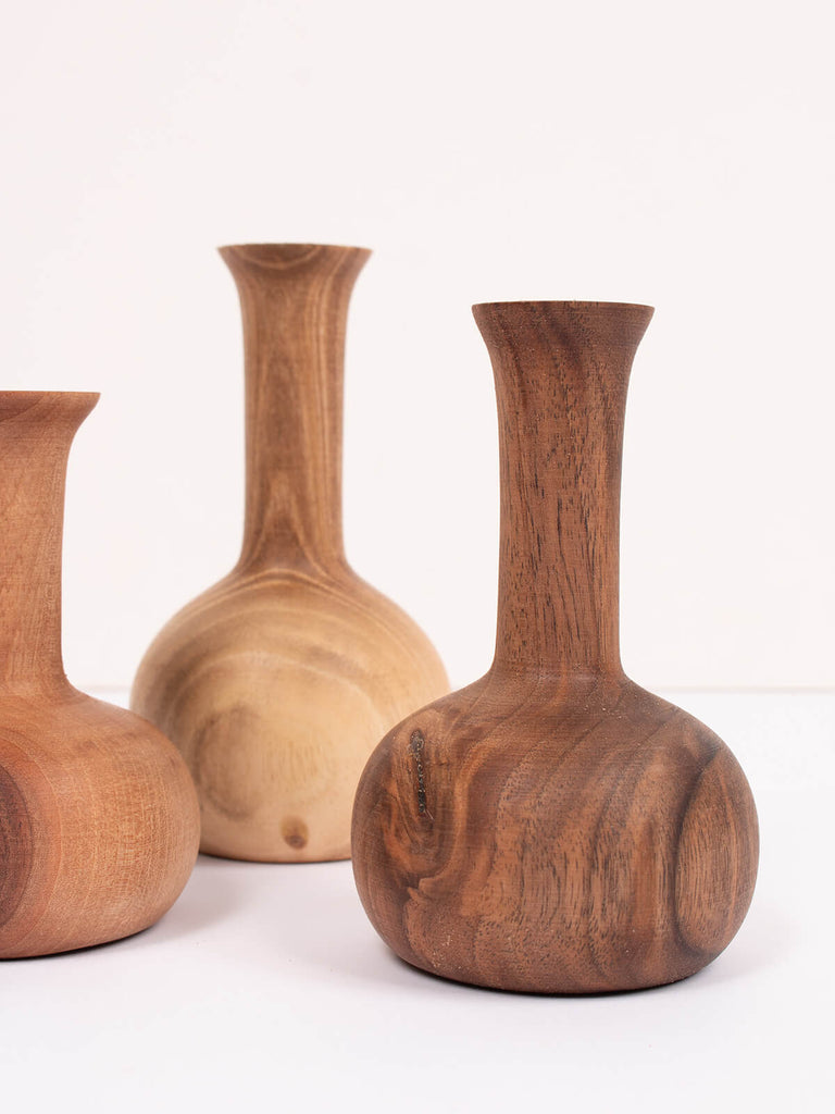 Set of three mini walnut wood vases by Bohemia Design